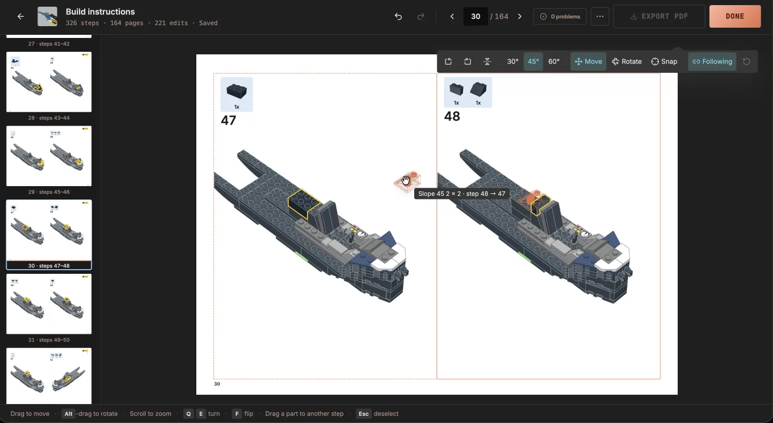 The instructions editor with a part being dragged from step 48 back to step 47, and the floating view toolbar above the page
