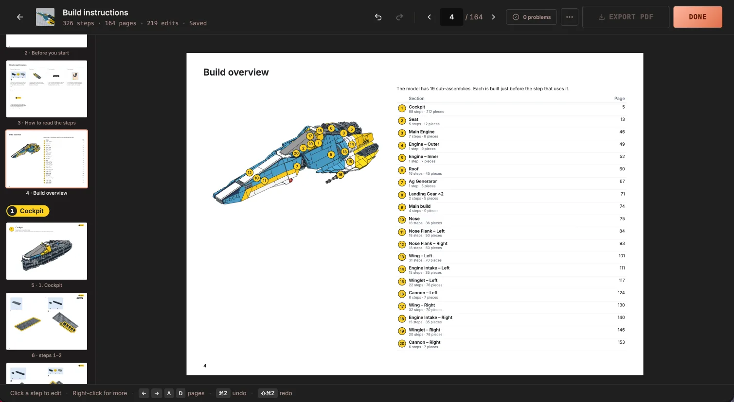 The build overview page: the finished model with twenty numbered sub-assemblies, and a table of each one's steps, pieces and page