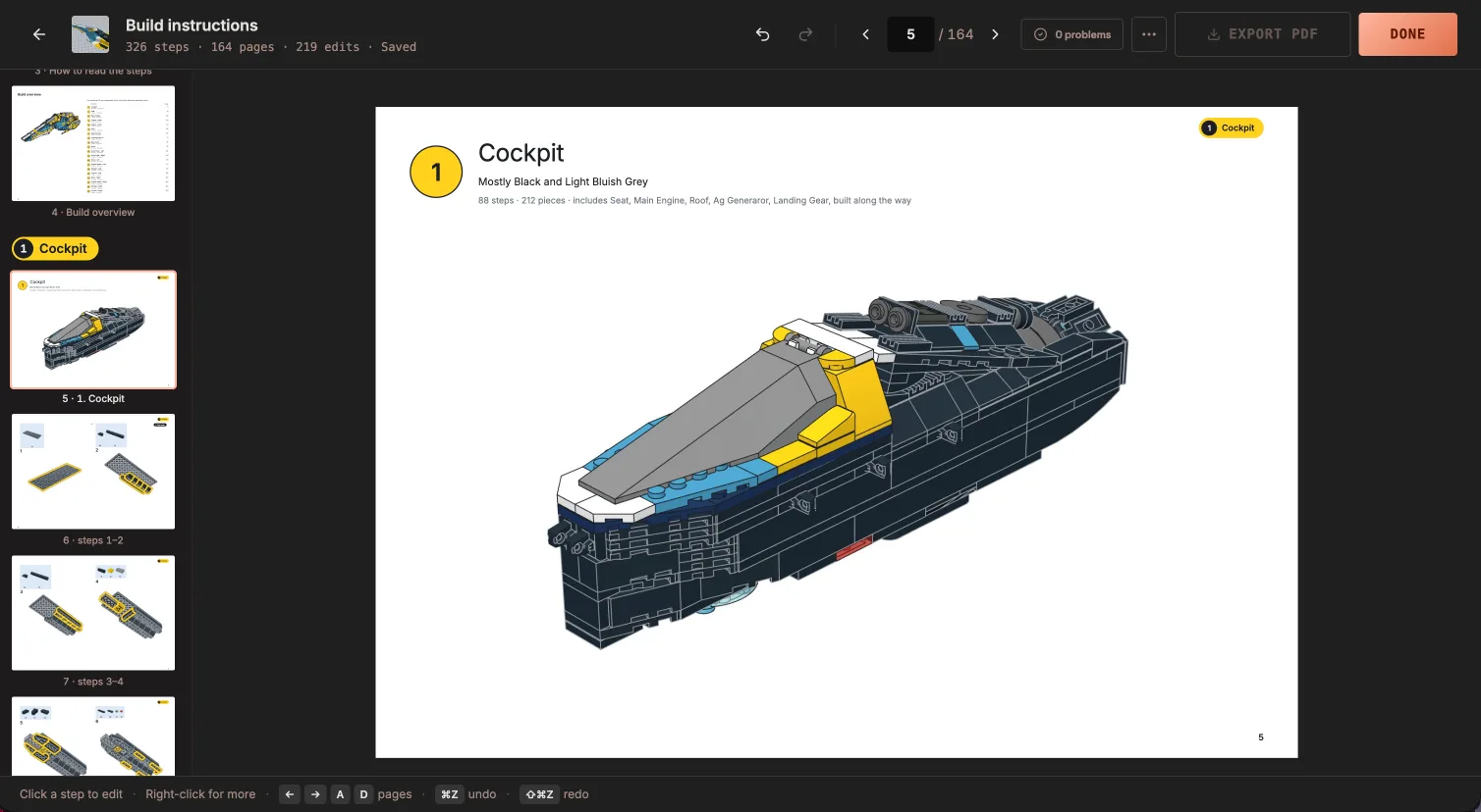 A section opener page for the Cockpit: the finished sub-assembly, its colours, steps, piece count and what it includes